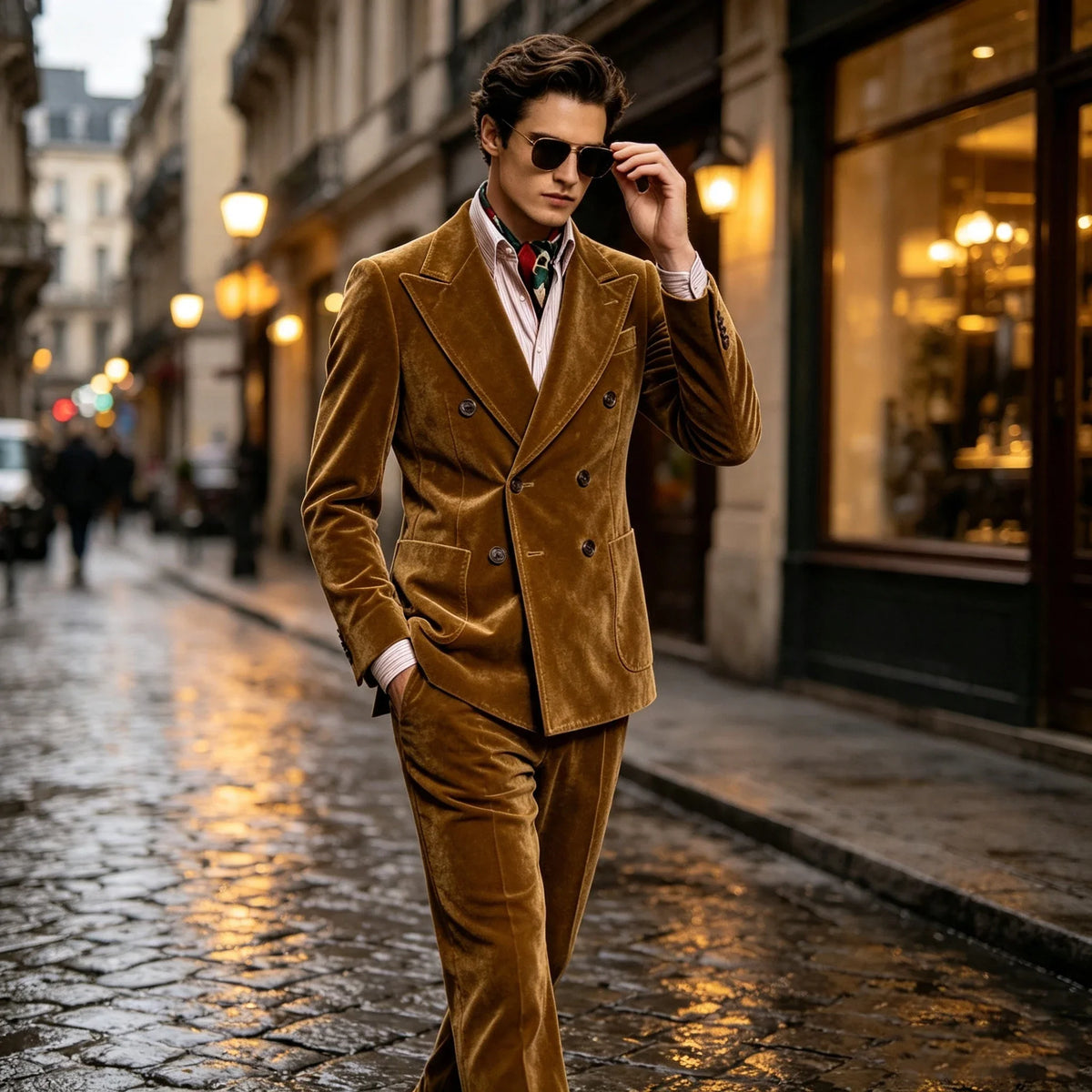 Men's Velvet Suit 2 Piece Double Breasted Peak Lapel Blazer & Straight Leg Pants for Formal & Wedding