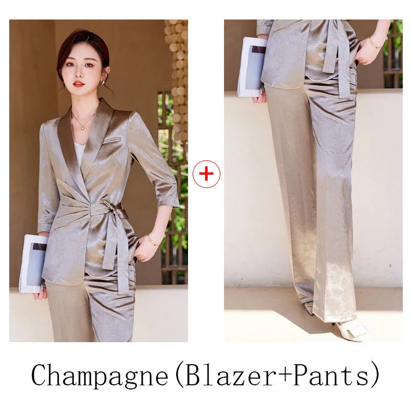 Designer Splicing Women Senior Luxurious Blazer Suit Pants Set Soft Satin Silk Office Lady Solid Coat Big Size Elegant Jacket