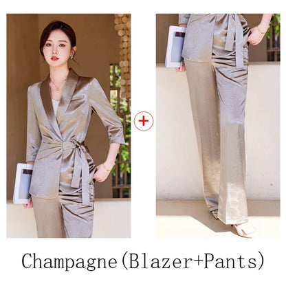 Designer Splicing Women Senior Luxurious Blazer Suit Pants Set Soft Satin Silk Office Lady Solid Coat Big Size Elegant Jacket