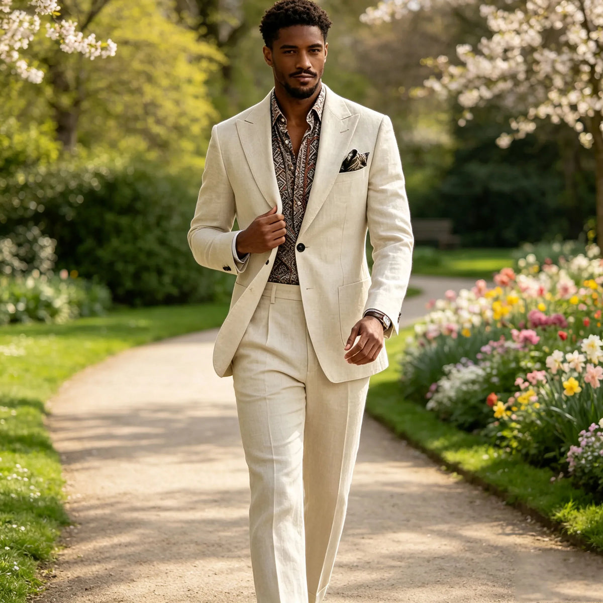 Men's Linen Blend Suit 2 Pieces Set Solid Color Peak Lapel Slim Fit One Button Jacket Pants Formal Outfit Wedding Business Casua