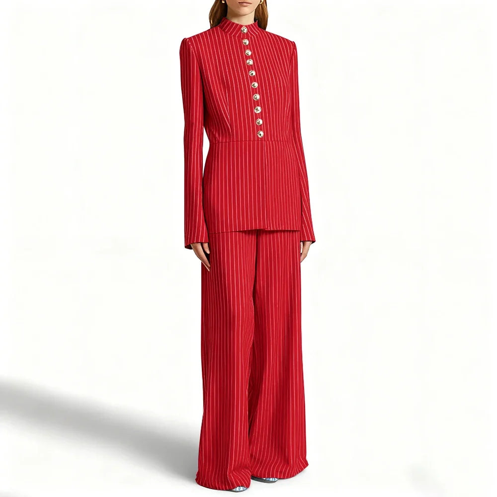 Elegant Women's Suits Pinstripe Two-piece(Jacket+Pants) Set with Stand Collar Gold Single Breasted Business Office Lady Outfit
