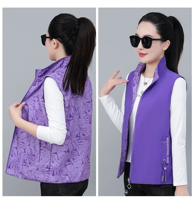 2026 Spring Autumn Women Double-sided Vest Fashion Stand Up Collar Sleeveless Jacket Female Waistcoat Casual Tops Chaleco Mujer