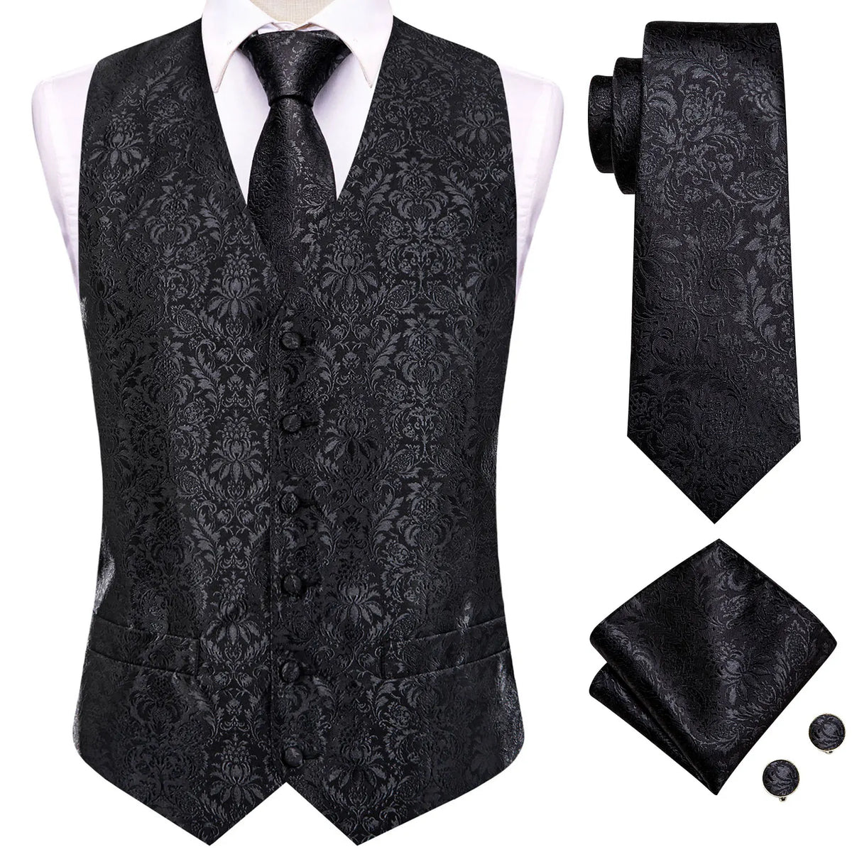 Men's Suit Vest 4-Piece Set | Woven Paisley Waistcoat with Tie, Pocket Square & Cufflinks | Wedding & Business Formal
