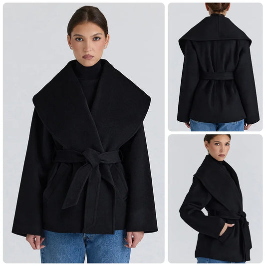Women Belted Waist Short Wool Blend Coat Oversized Shawl Collar Tie‑Front Loose with Pockets Fall Winter Outer Jacket