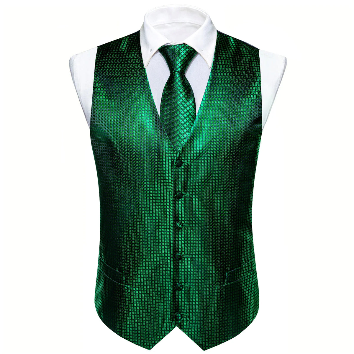 Men's V-Neck Vest 5-Piece Accessory Set – Emerald Grid Pattern for Holiday Balls & Banquets