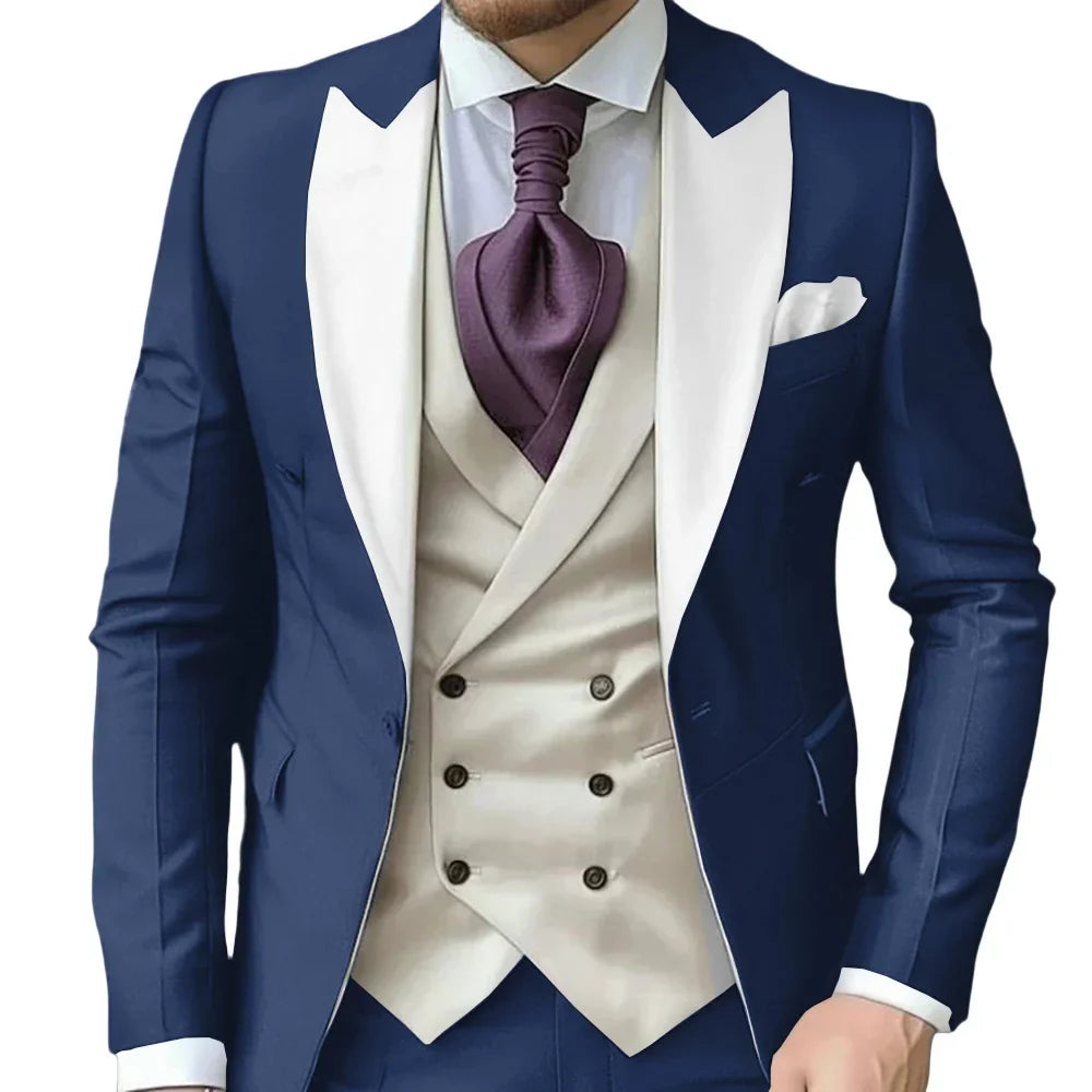 Fashionable Contrast Color Men's Suits 3 Pieces Jacket Vest Pants Dancing Sets Handsome Peak  Lapel Suit Set For Men Party Wear