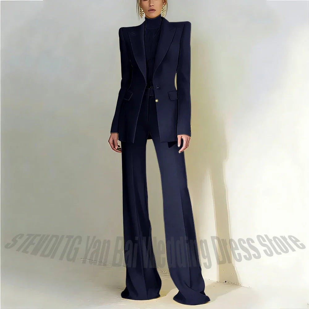 Women Pant Suit 2 Piece Set Office Female Business Work Formal Jacket Trouser One Button Chic Yellow Peaked Lapel Elegant Suit