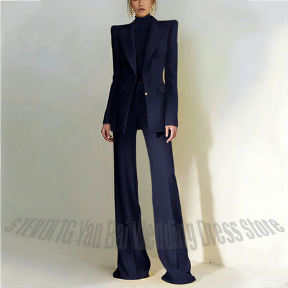 Women Pant Suit 2 Piece Set Office Female Business Work Formal Jacket Trouser One Button Chic Yellow Peaked Lapel Elegant Suit