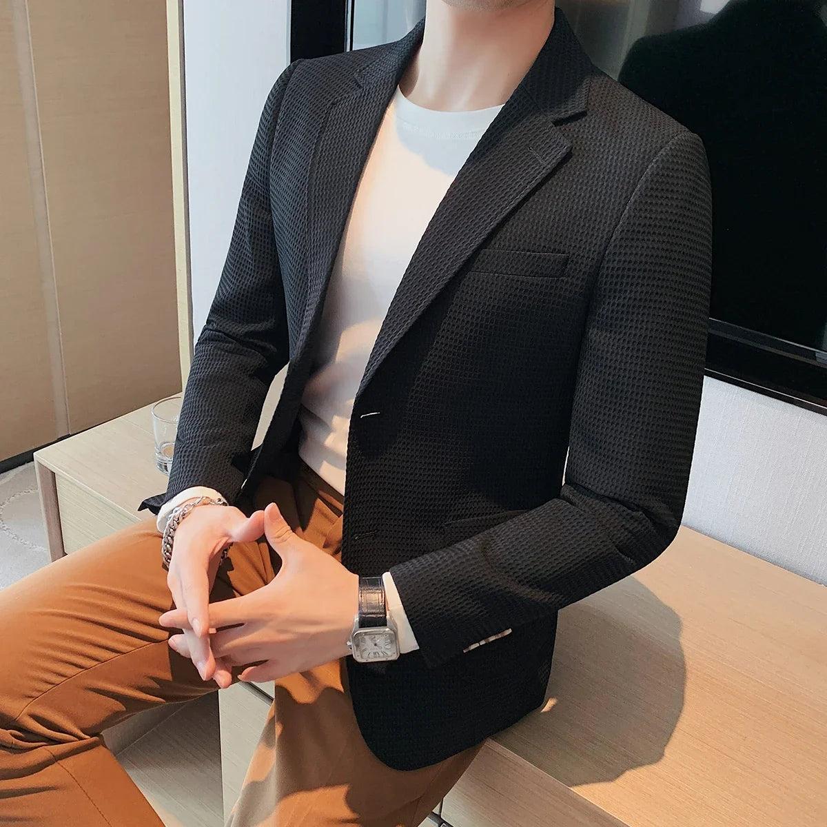 2025 Spring New Waffle Suit Coats Men Slim Fit Business Casual Blazer Jacket Homme Formal Groom Prom Wedding Tuxedo 4XL-M