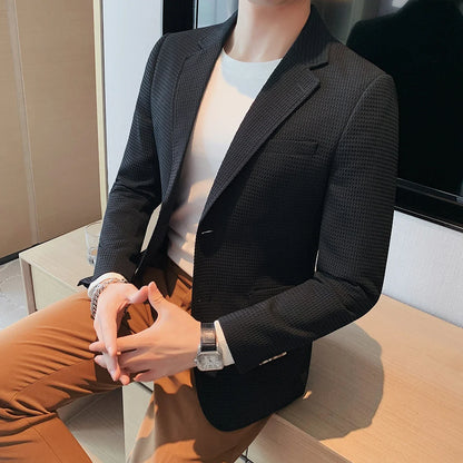 2025 Spring New Waffle Suit Coats Men Slim Fit Business Casual Blazer Jacket Homme Formal Groom Prom Wedding Tuxedo 4XL-M