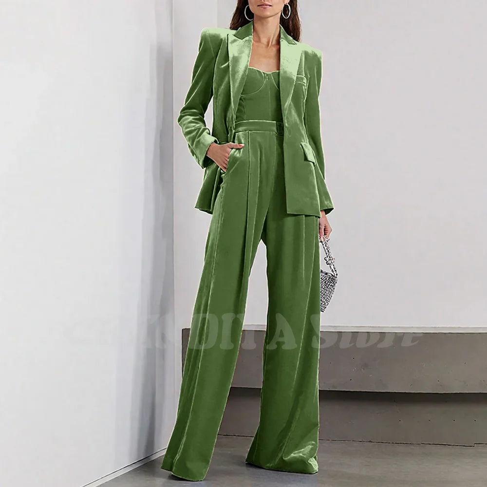 Velvet Women Pants Sets 2 Piece Fashion Peak Lapel Single Breasted Wear Chic Party Casual Office Lady Suits (Blazer+Pants)