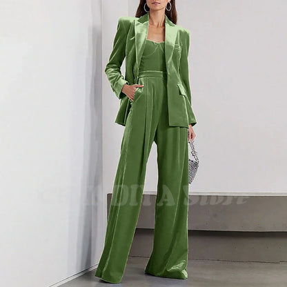 Velvet Women Pants Sets 2 Piece Fashion Peak Lapel Single Breasted Wear Chic Party Casual Office Lady Suits (Blazer+Pants)