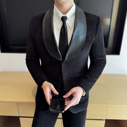 British Style PU Patchwork Suit for Men Casual Business Wedding Suits 2 Pieces Set (jacket+pant) Office Work Party Prom Suit