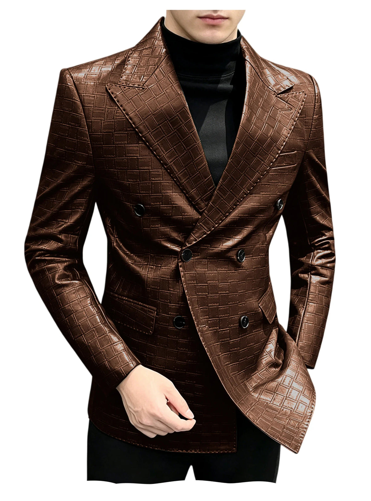 Men's Crocodile Leather Blazer Double Breasted Slim Fit Suit Jacket Formal Business Casual Sport Coat Wedding Party Streetwear