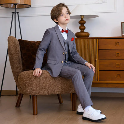 Boys Pure Pink Jacket Vest Pants Bowtie+Pocket Cloth 5pcs Wedding Birthday Outfit Kids Formal Piano Host Performance Costume