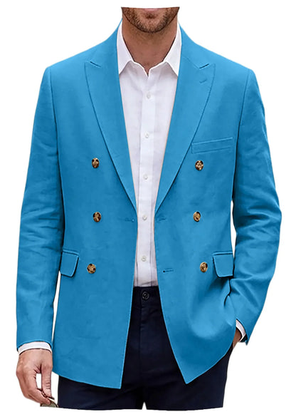 Men's Double Breasted Linen Blazer Slim Fit Suit Jacket Formal Business Casual Coat Wedding Party Spring Summer Streetwear