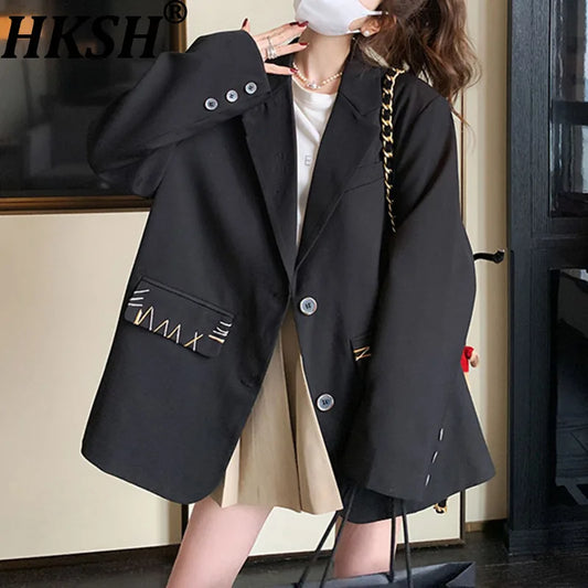 Spring Autumn New Women's Blazer Notched Collar Single Breasted Pockets High-End Elegant Fashion Office Lady Jacket HK13904