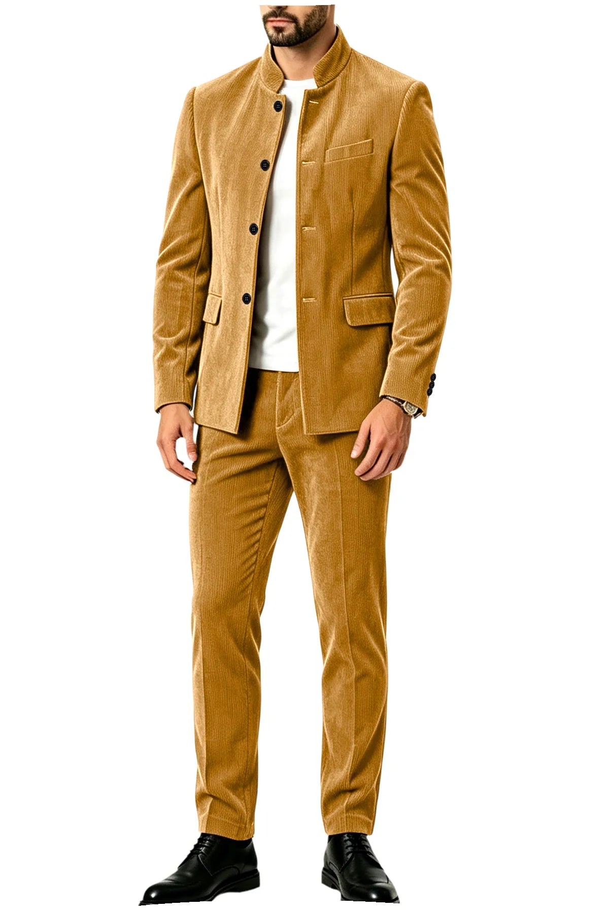 Men's Corduroy 2-Piece Suit – Mandarin Collar Single Breasted Blazer & Pants for Business & Formal Occasions