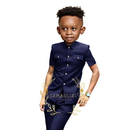 Boys Suit Black 2 Pieces Short Sleeve Party Tuxedo Formal Wedding Kids Clothes Indian Style Blazer Pants 2-16 Years Old