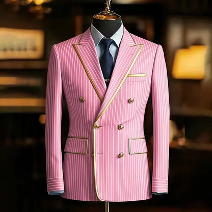 Pinstripe Double Breasted Peak Lapel Mens Suit Jacket Business Slim Fit Gold Trim Striped Coat Formal Wedding Prom Banquet Party