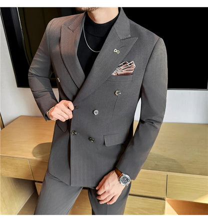 (Jackets+Pant) High Quality Dark Striped Double Breasted Suit Luxury Men Fashion Elegant Tuxedo Formal Groom Wedding Social Suit