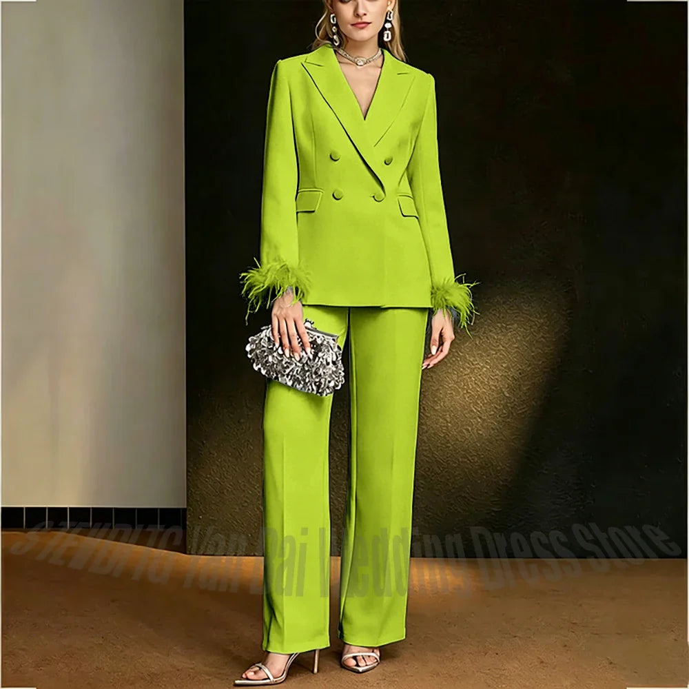 Luxury White Feather Women's Suit Elegant Classic Double Breasted Jacket Pants Formal Evening Party Wedding Guest Outfit