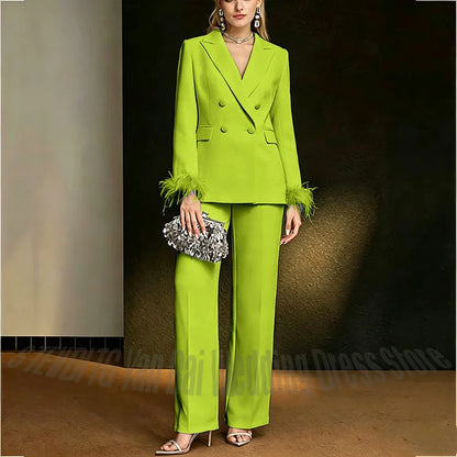 Luxury White Feather Women's Suit Elegant Classic Double Breasted Jacket Pants Formal Evening Party Wedding Guest Outfit