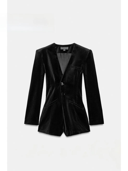 Spring 2026 Dark Style Short Velvet Suit One-Piece Pants Women Slimming Long Sleeve Business Casual Fashionable Tracksuit