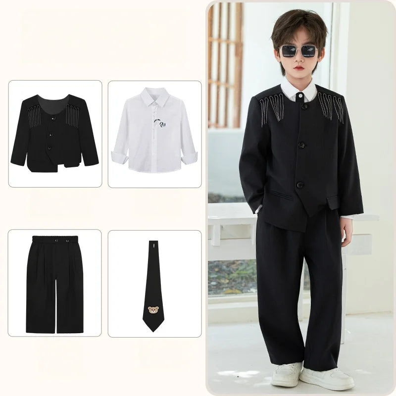 Children's New Chinese Style Clothing Set Fower Boys Baby's First Birthday Party Dress Kids Host Catwalk Performance Costume