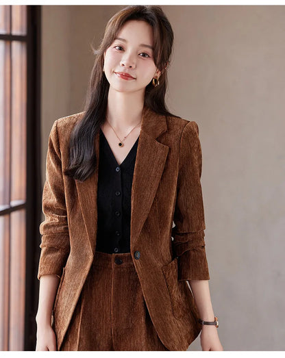 2024 Autumn New Corduroy Elegant Pant Suit Ladies Formal Business Work Wear 2 Piece Set Black Coffee Jacket Blazer And Trouser