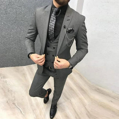 Men Suit 3 Pieces Gray Solid With Lapel Slim For Wedding Groom Business Party Banquet Ceremonial Tuxedo Set Jacket Vest Pants