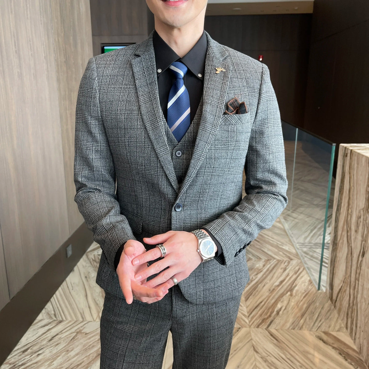 Ensemble costume trois pièces à carreaux modifié de haute qualité de style coréen britannique pour hommes - Gilet et pantalon de costume décontracté élégant