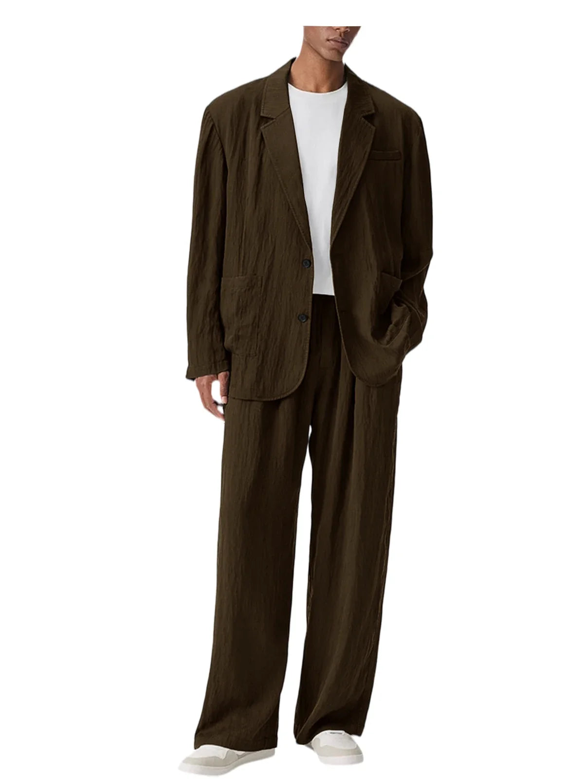 Men's Linen Blend Wrinkled Two Piece Suit Loose Two Button Blazer Wide Leg Trousers Casual Vacation Daily Soft Breathable Outfit