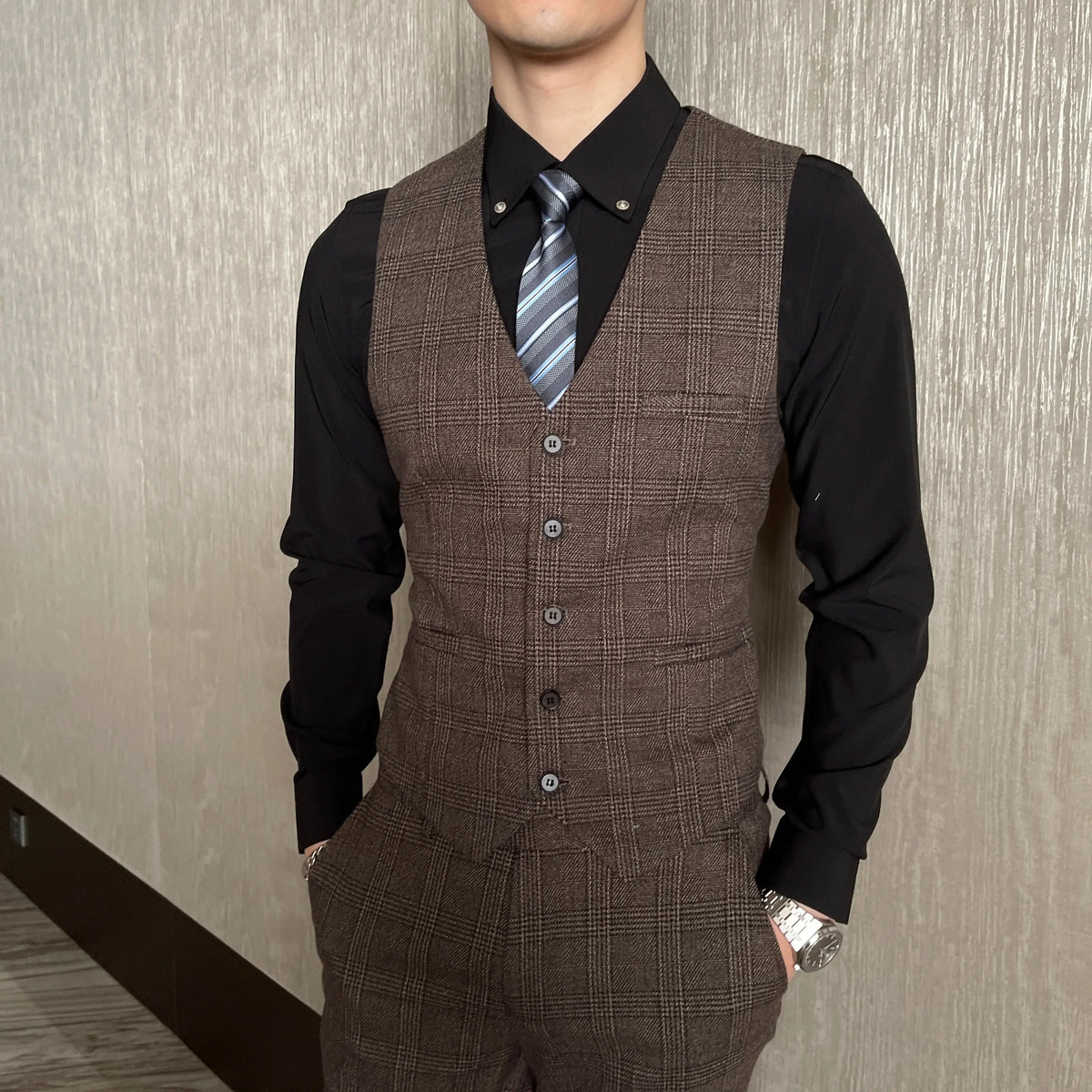 British Korean Style High Quality Modified Plaid Three-Piece Suit for Men - Stylish Business Casual Suit Vest And Trousers Set