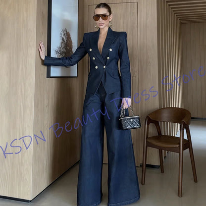 Classic Dark Denim Women's 2-Piece Suit Slim Fit Double-Breasted Jacket+Pants Set Smart Casual Daily Streetwear Outfit