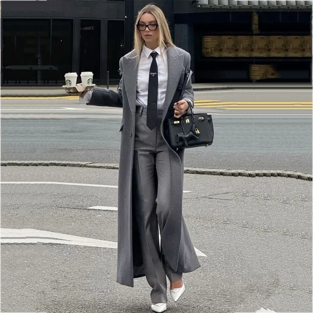 Chic Peak Lapel Women Suit Overcoat Autumn Winter Single Button Maxi Coat Straight Elegant Office Lady Formal Long Jacket Pants