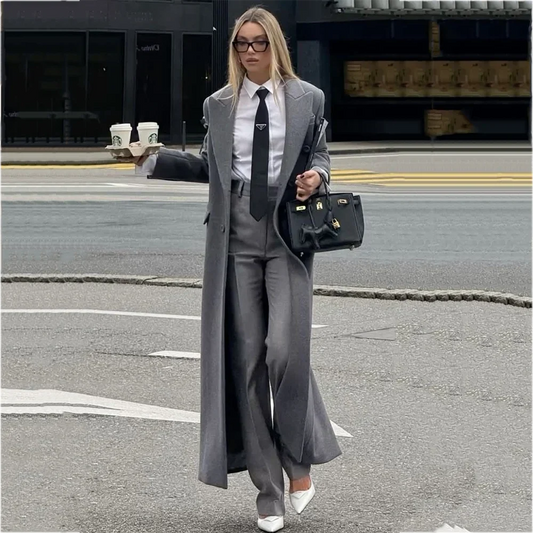 Chic Peak Lapel Women Suit Overcoat Autumn Winter Single Button Maxi Coat Straight Elegant Office Lady Formal Long Jacket Pants