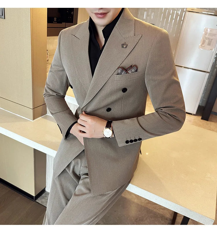 (Blazer + Trousers) Fashion Double Breasted Design Slim Men's Suit Italian Style Luxury Wedding Social Party Tuxedo 2 Piece Set