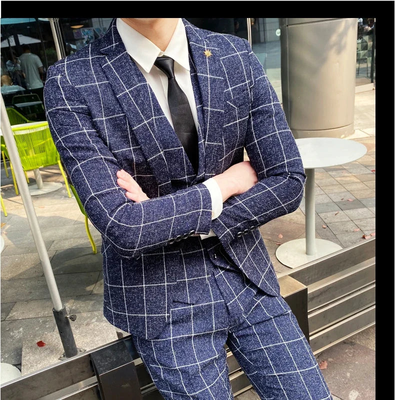Men's 3-Piece Slim Fit Striped Plaid Suit Set with Vest and Trousers – Wedding & Business