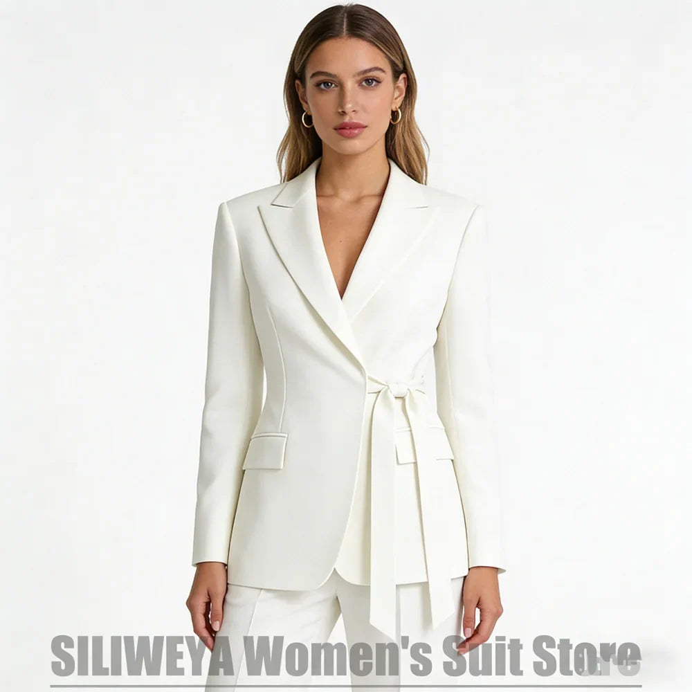 Elegant Women's Suit with Satin Peak Lapel Bow Tie Waist Blazer and Wide Leg Pants Business Wedding Party Tuxedo Two Piece