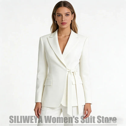 Elegant Women's Suit with Satin Peak Lapel Bow Tie Waist Blazer and Wide Leg Pants Business Wedding Party Tuxedo Two Piece
