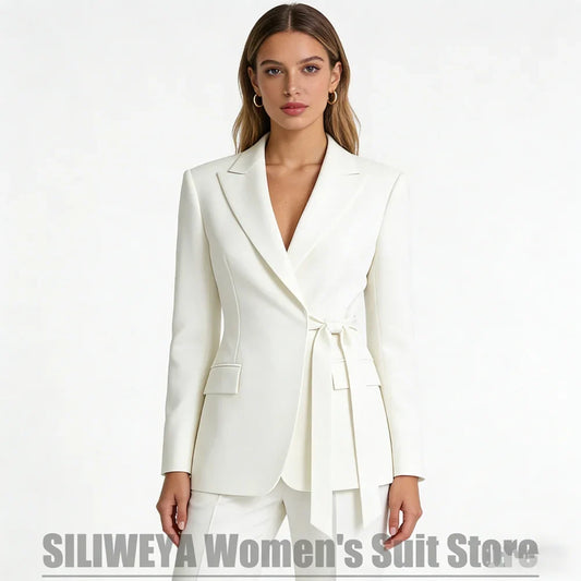 Elegant Women's Suit with Satin Peak Lapel Bow Tie Waist Blazer and Wide Leg Pants Business Wedding Party Tuxedo Two Piece