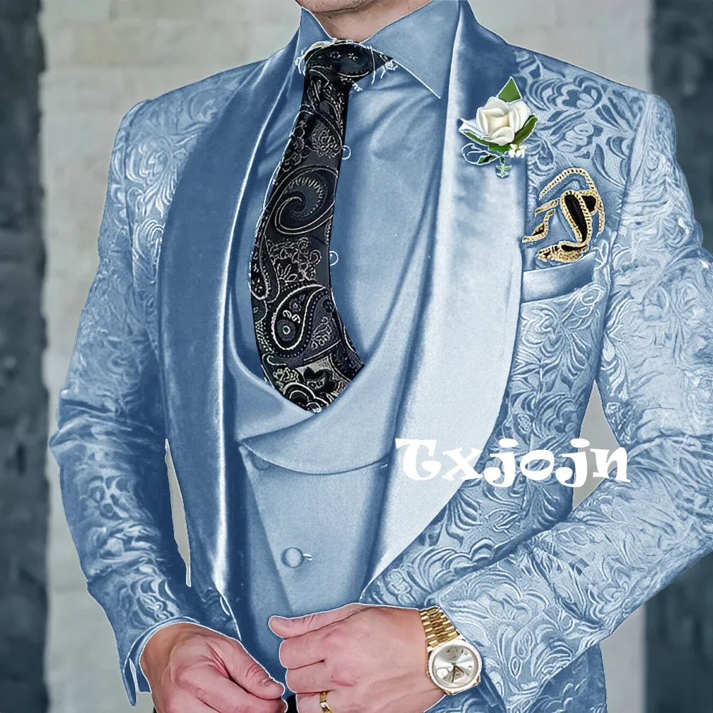 Exquisite jacquard Men's 3-piece Suits Wedding Groom Sets Handsome Shawl Lapel Suit Set Dancing Wear Formal Tuxedo For Business