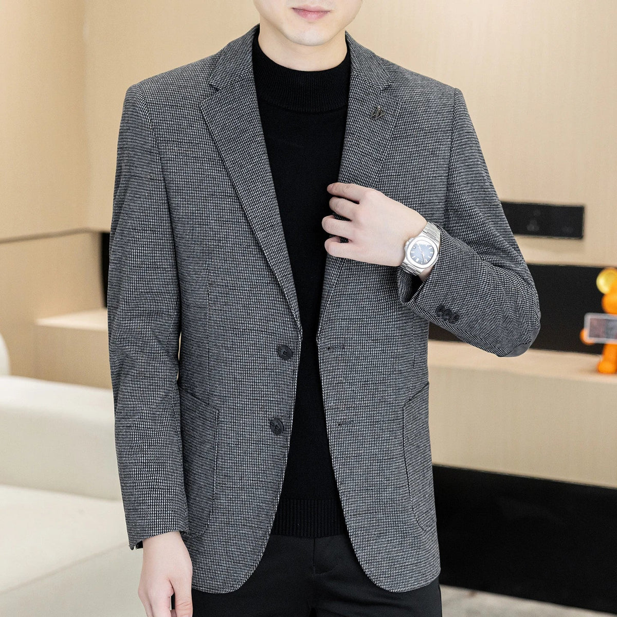 Men's Blazer Single Breasted Smart Casual Grey Coffee Spring Autumn