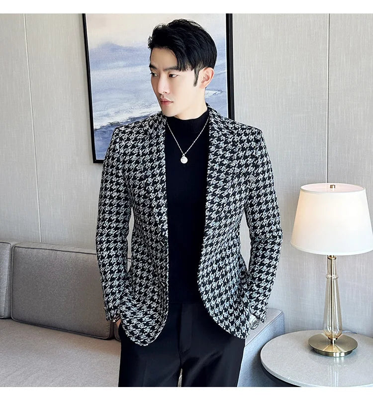2023 Autumn Winter Plaid Men Blazers Thickened Casual Business Suits Jackets Single Buckle Wedding Groom Streetwear Social Coat
