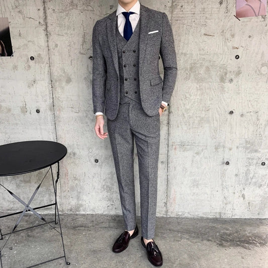 Men's Three-Piece Suit Set – Single Button, Slim Loose Fit, Wedding & Banquet, England Style