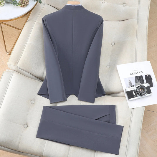 Elegant Women's Trousers Suit Blazer and Pants Sets Two Pieces Outfit Blue Formal Office Lady Work Wear Plus Size Suits