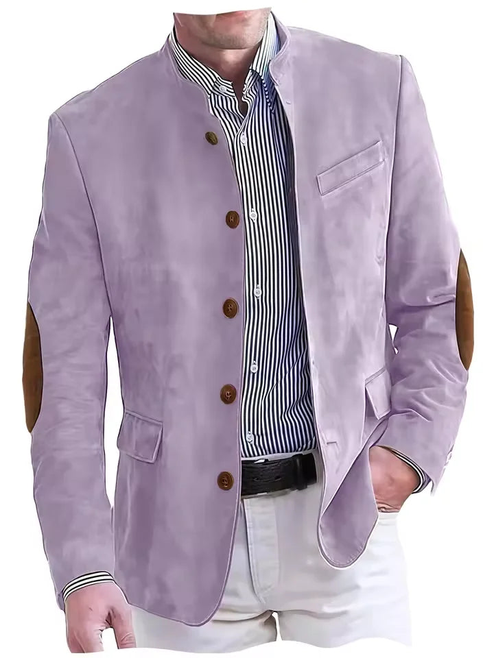 Vintage Men's Suede Blazer Elbow Patch Slim Fit Mandarin Collar Textured Fabric Jacket Business Casual Wedding Party Coat