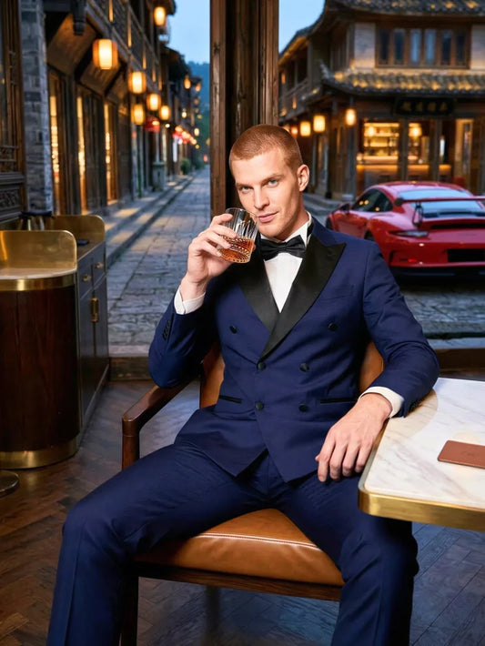 Men's Blue Slim Fit Suit Set 2 Pieces Business Outfit Double Breasted Long Sleeve Tuxedo Wedding Groom Sets High Quality Suits