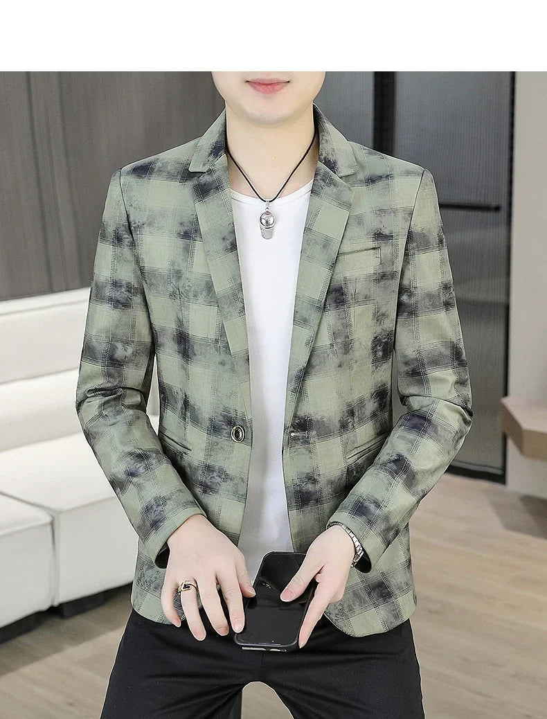 Blazer Men's Fashionable Casual Business Gentleman Outdoor Trendy Checkered Banquet Versatile and Slimming Korean Version Blazer